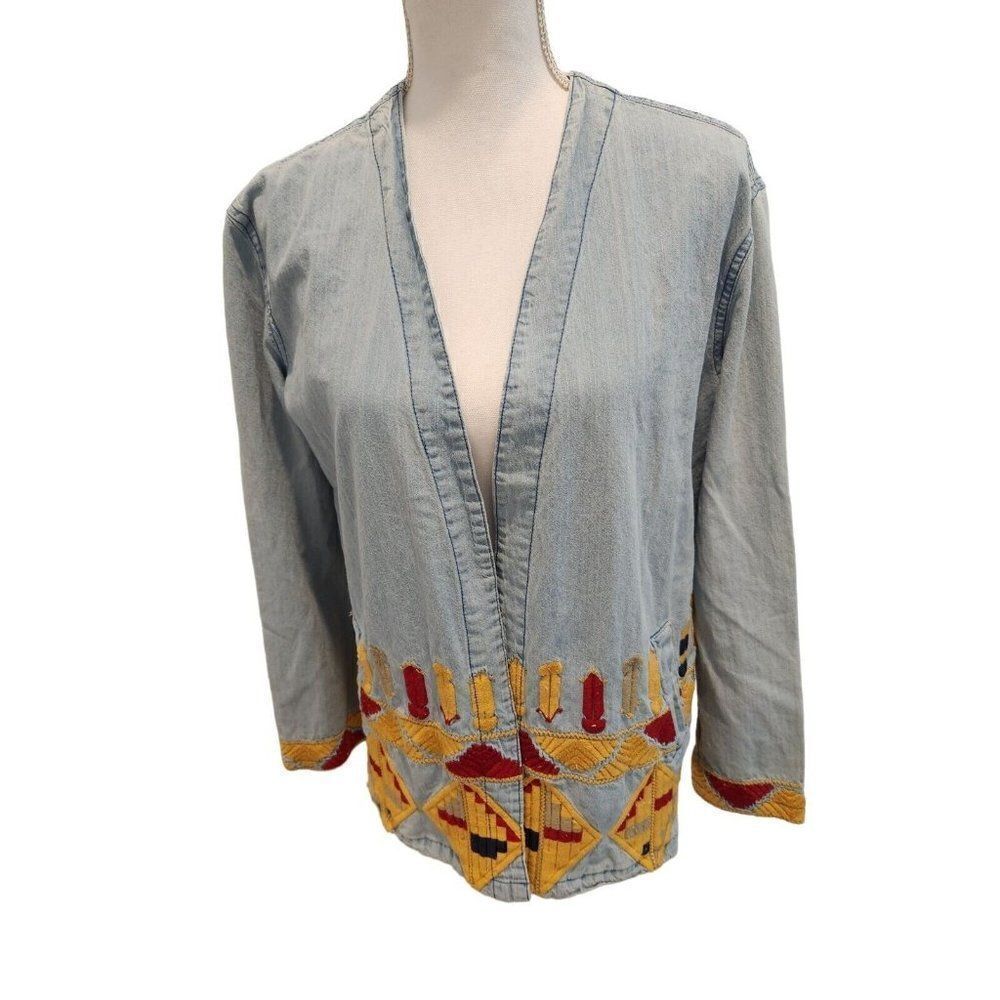 Emory Park Blue Demin Open Jacket Blazer S Egyptian Boho Feathers